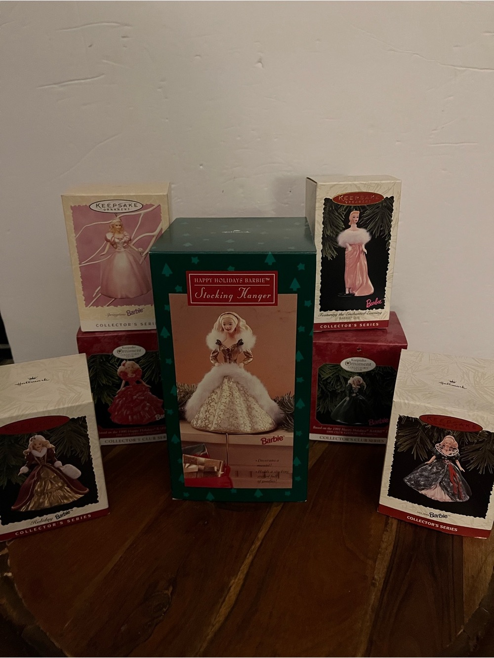 Hallmark Lot of 6 (1995-1999) HOLIDAY BARBIE Ornaments + (1) Stocking Hanger NIB